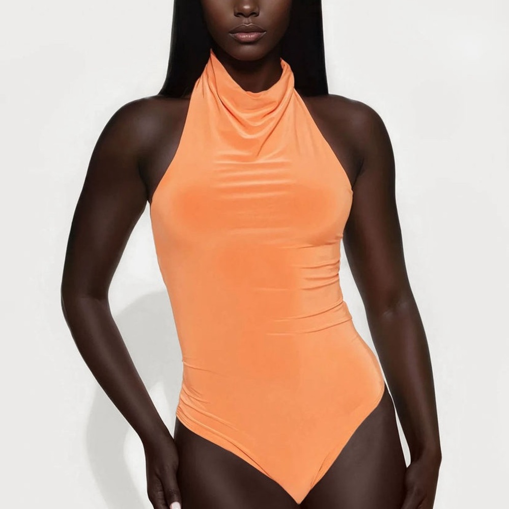 High-Neck Halter Bodysuit in Peach Orange